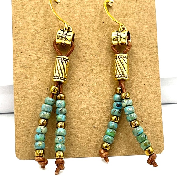 HAND CRAFTED Boho Leather Earrings with Gold and Turquoise - Picture 3 of 5